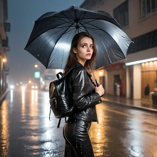 Prompt: girl with leather pants , leather jacket and black leather crocodile backpack in tormential rain with thunders who is an umbrella at the night 