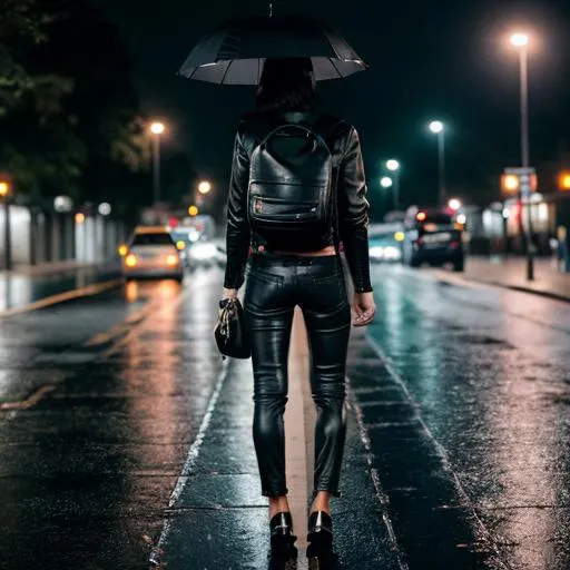 Prompt:  girl with leather  pants ,  leather jacket and black leather crocodile backpack in tormential rain with thunders who is an umbrella in the night 