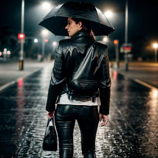 Prompt:  girl with leather  pants ,  leather jacket and black leather crocodile backpack in heavy rain with thunders who is an umbrella in the night 