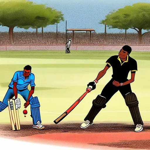 Prompt: A cartoon of a black man from barbados playing cricket and is batting in front of stumps and there a fielders around him