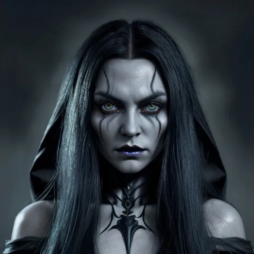 Prompt:  dark elf woman with long white hair and red eyes. Her skin is dark blue, greyish blue. She has a mature, adult appearance — not childish, but not old either. Her face is long and slender, with a stern, grumpy expression, yet she possesses a striking and haunting beauty. Her lips are full, and her skin is deep obsidian, like that of a drow. Despite the harshness of her features, a subtle warmth shines through her eyes. Upper body portrait showing her shoulders and chest. She is wearing a dark, elegant cloak. High fantasy, realistic style