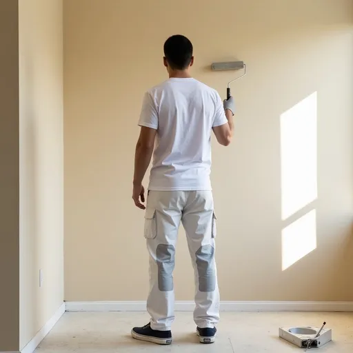 Prompt: A realistic photo of @7PTeF9J148plgfbDGVYx  as a  professional painter viewed from behind, painting a wall inside a house using a roller. The painter wears a plain white T-shirt and light work pants with subtle paint splatters, no cap, and light gloves. The room is softly lit by natural light coming from a window, creating a warm, realistic indoor atmosphere. The composition shows the painter’s back as he works with smooth strokes on a beige wall, high detail, photo-quality, professional realism.