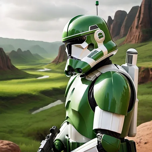 Prompt: A green clone trooper looking at the landscape