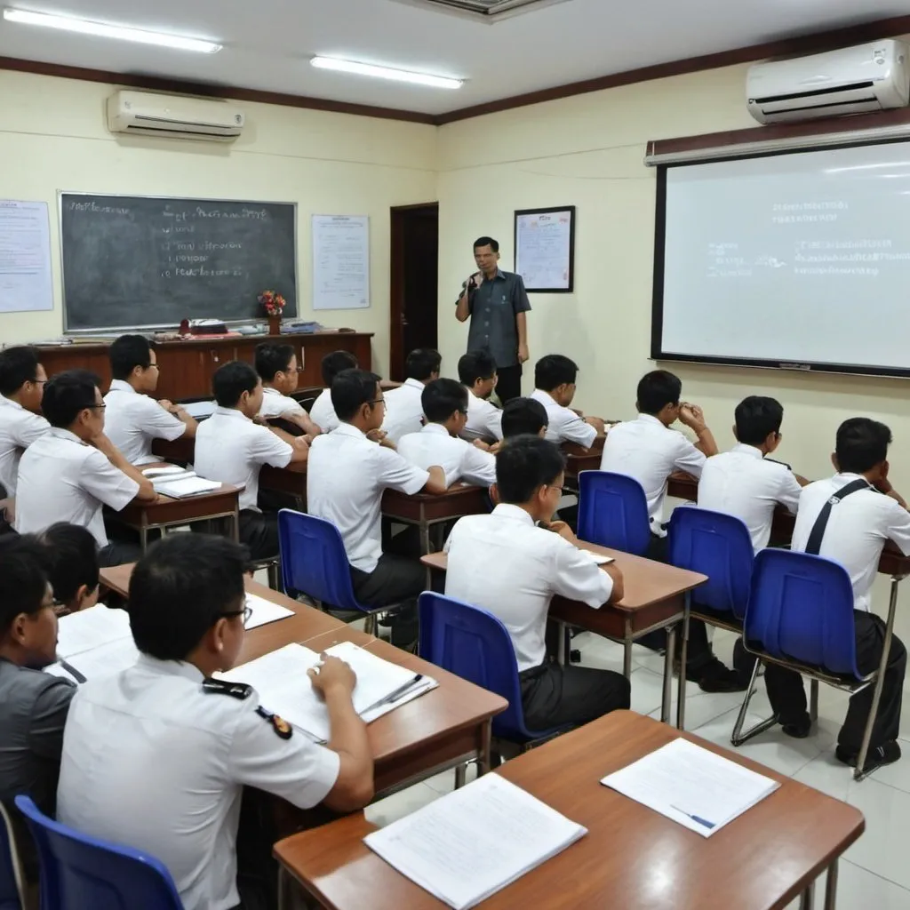 Prompt: buatkan gambar terkait suasana didalam kelas, ada yang sedang melakukan presentasi yang sedang dicecar pertanyaan