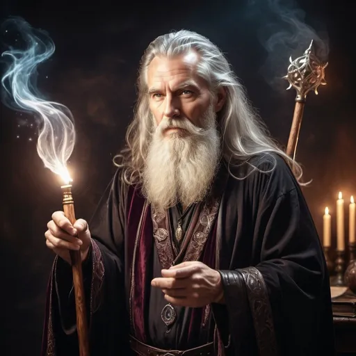 Prompt: Charming and atractive 50 year old male wizard with white beard and long hair, mystical aura, leather-bound spellbook, wood staff, majestic dark velvet robe, high quality, fantasy, magical aura, warm tones, mystical lighting