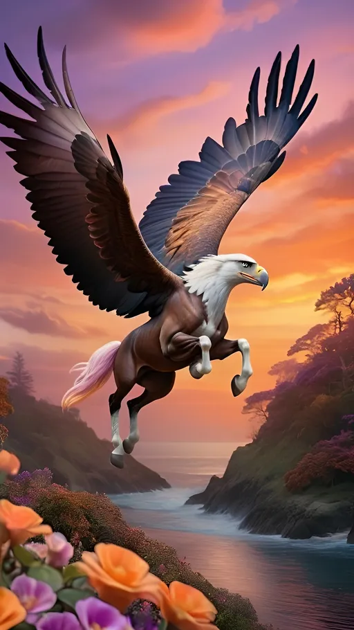 Prompt: hippogriff - (front half of an eagle and the hind half of a horse) flying in the sky, mythical,(sunset hues of orange, purple, and pink, dark vignettes), enchanting magical world, lush trees and vibrant plants, delicate flowers swaying, calming ocean below, dreamy atmosphere, soft light radiating, (fantastical landscape), cinematic depth, (ultra-detailed), inviting warm glow, tranquil mood, peaceful sky filled with fluffy clouds.