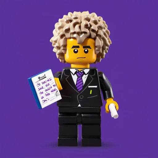 Prompt: a concentrated boy with curly hair wearing a suit holding a notepad and writing on it. on a purple background