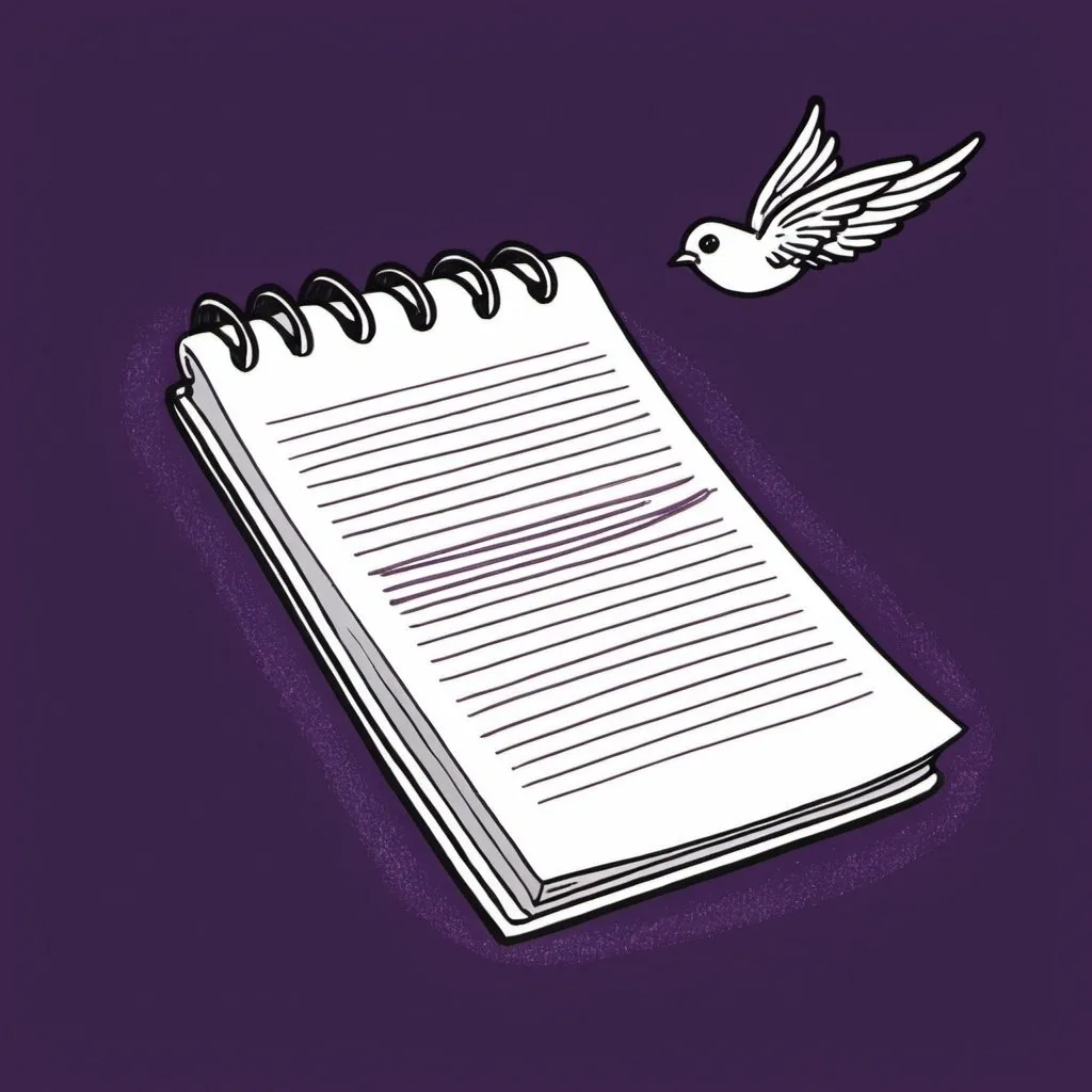 Prompt: a drawing of a notepad flying on a dark purple background