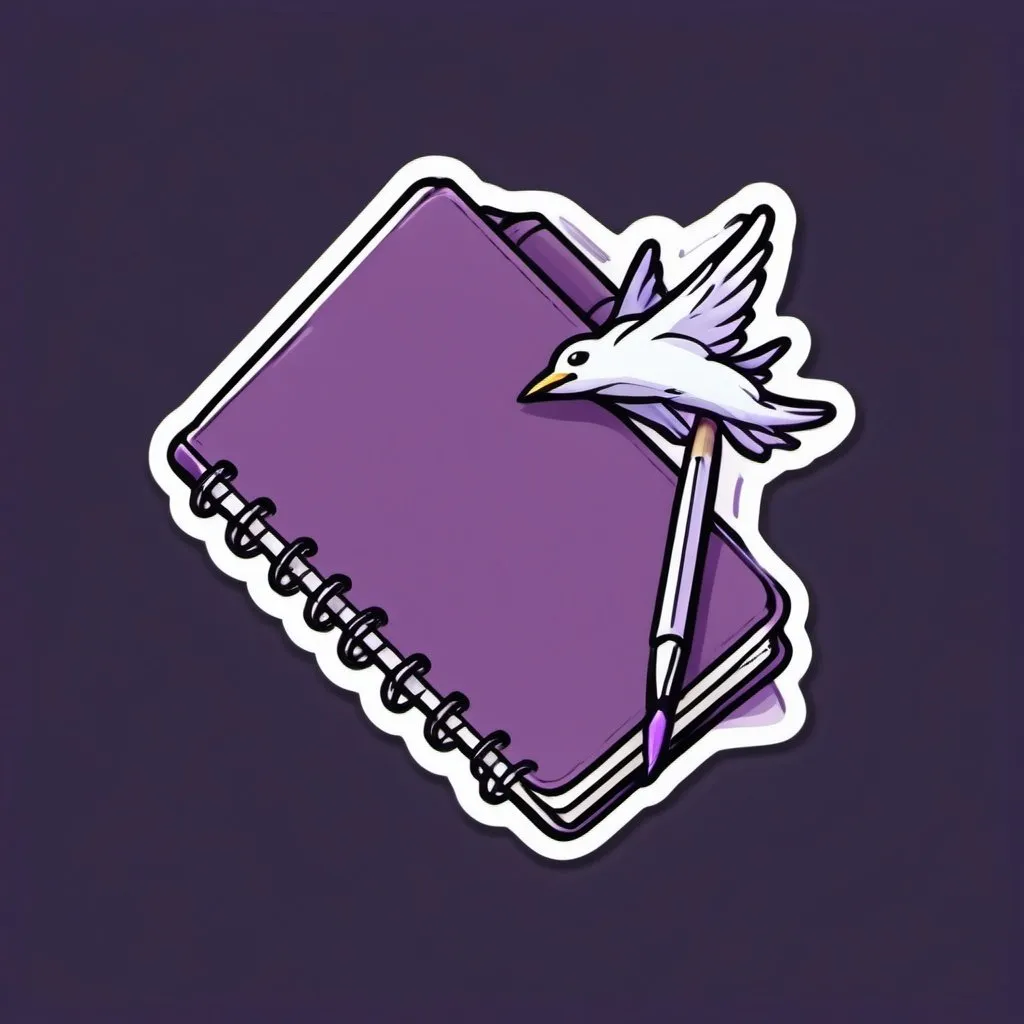 Prompt: a drawing of a notepad flying on a dark purple background