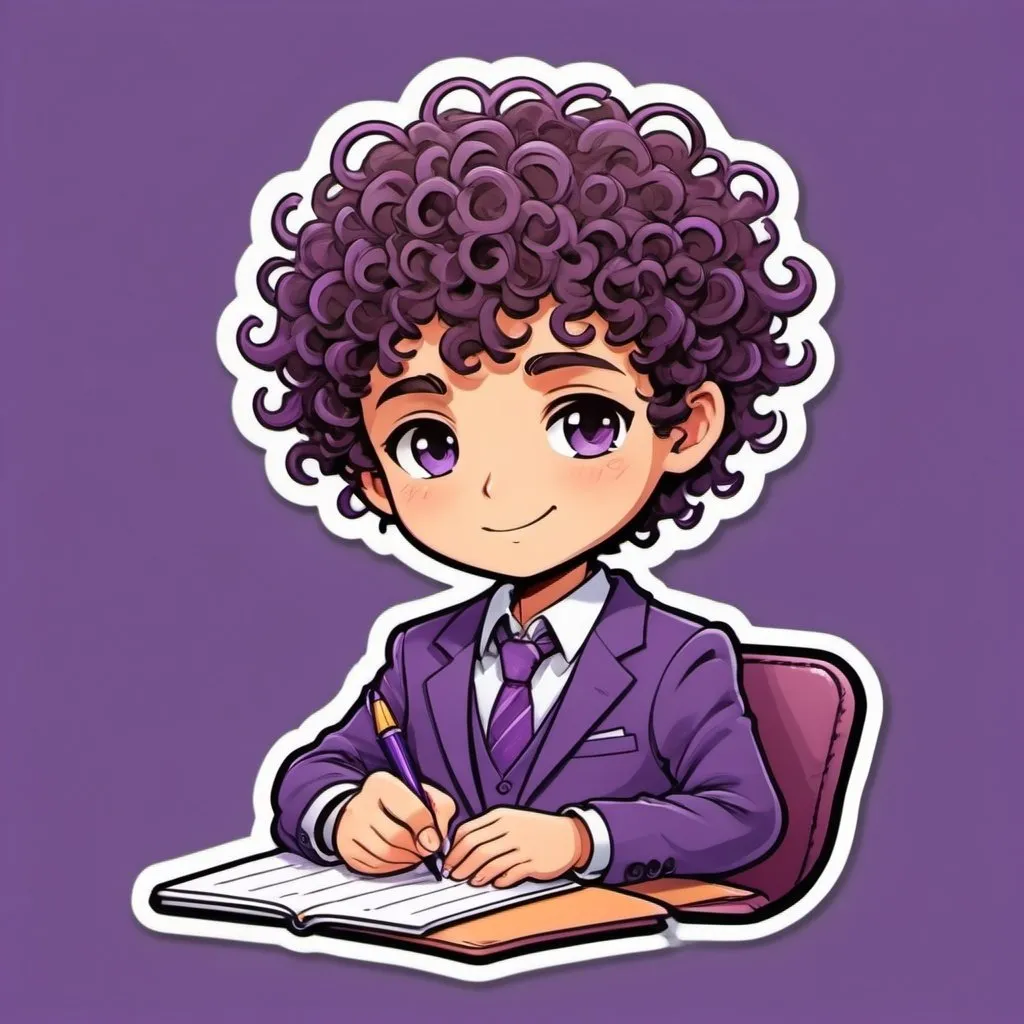 Prompt: a concentrated boy with curly hair wearing a suit holding a notepad and writing on it. on a purple background