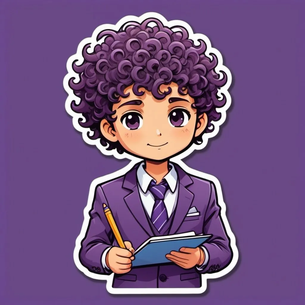 Prompt: a concentrated boy with curly hair wearing a suit holding a notepad and writing on it. on a purple background