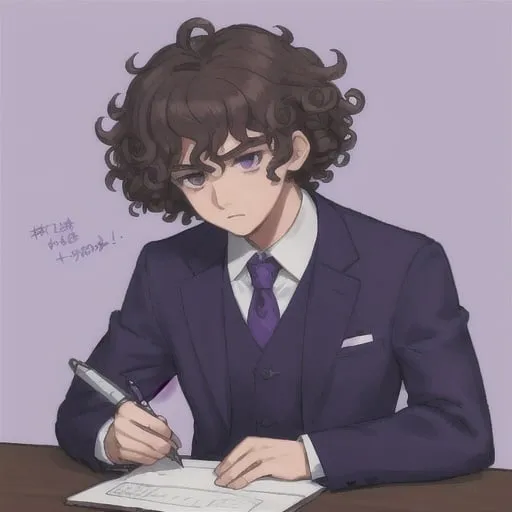 Prompt: a concentrated boy with curly hair wearing a suit holding a notepad and writing on it. on a purple background