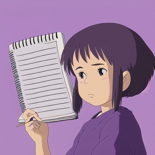 Prompt: a concentrated girl holding a notepad and writing on it. on a purple background