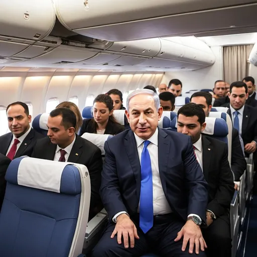 Prompt: benjamin netanyahu riding in a typical cramped airplane economy class seat with people seated in seats close by him