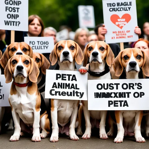 Prompt: A crowd of beagle dogs protesting against animal cruelty with PETA placards