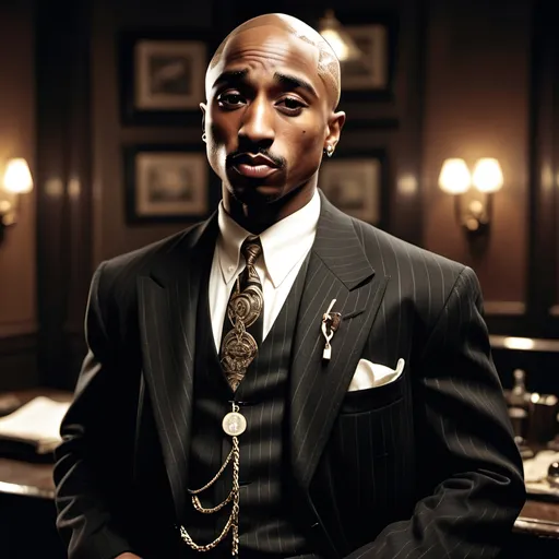 Prompt: Tupac Shakur as a mobster, black clothing, tommy gun, moonshine, luxury style, classic 1920s, high quality, detailed clothing, vintage, intense expression, professional lighting, warm tones