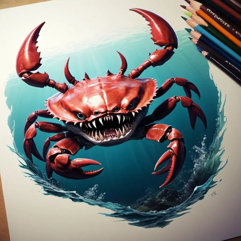 Prompt: draw a horrific terrible monstrous sea creature that looks lika a hybrid animal of a crab and a shark