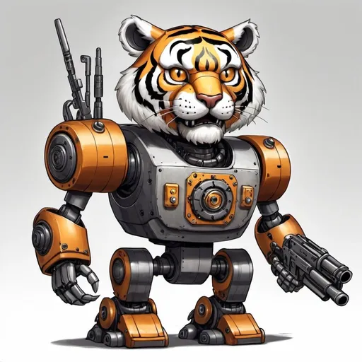 Prompt: draw a tiger robot with a grobot tiger head but fill it with a lot of guns and armour