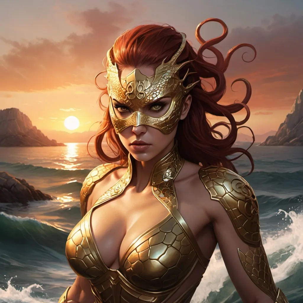 Prompt: Hydra which is serious, dangerous, ready to fightz full of power and knows her worth, emerging from the sea, behind her is a sunset 