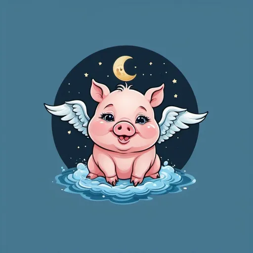 Prompt: image of a logo cute chubby lucky baby piggy flying moon water