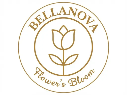Prompt: This is a digital graphic logo featuring a circular design with a minimalist, elegant style. The logo has a white background and is primarily composed of gold-brown lines and text. At the center of the circle is a simple, stylized line drawing of a tulip with three leaves on its stem. The tulip is depicted using thin, gold-brown lines, with a clean and modern aesthetic.

Encircling the tulip is a thin, gold-brown ring. Above this ring, the words "BELLANOVA" are written in an uppercase, serif font, arched to follow the curve of the circle. Below the ring, the words "Flower's Bloom" are written in a cursive, lowercase font, also following the curve of the circle. The text and the tulip are all contained within the gold-brown ring, creating a balanced and harmonious composition.

The overall style of the logo is sophisticated and timeless, with a focus on simplicity and elegance. The use of gold-brown colors gives the logo a warm and natural feel, suitable for a brand associated with flowers or botanicals. The clean lines and minimalist design suggest a modern and professional aesthetic.