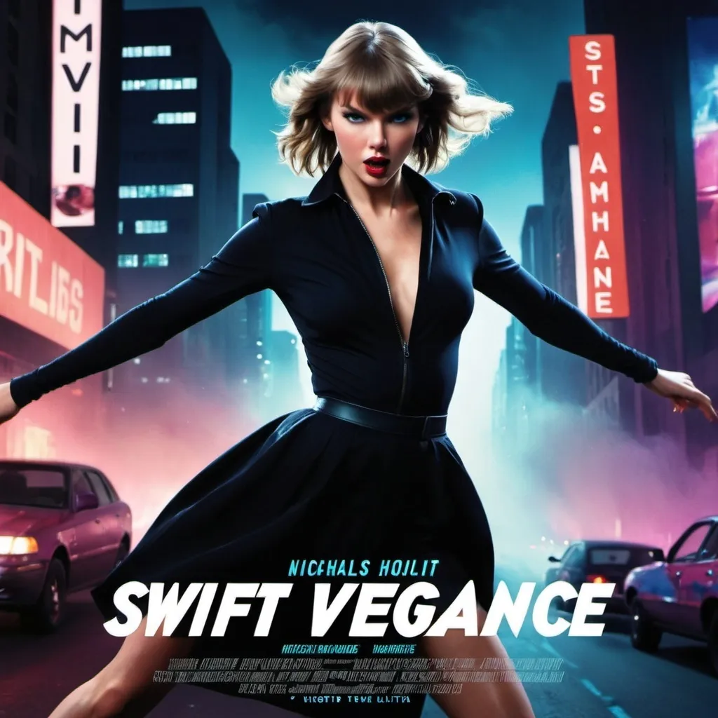 Prompt: A movie poster of Nicholas’s Hoult as Taylor Swift in action movie called “Swift Vengeance”