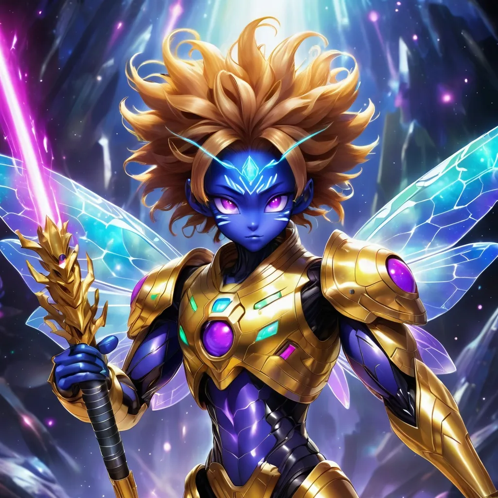 Prompt: tarantula clad in shimmering gold exoskeleton with a tan neck fluff and blue carpenterbee eyes 
With super Saiyan golden hair

Vivid purple mantis surrounded by glowing swirling iridescent violet energy as it prepares to Obliterate the world
Black guy brown skin 
Within this 8K anime-style but also a captivating Digimon companion standing by your side. The bee, with its glowing brown skin and animated afro hairstyle, exudes vitality. In your grasp, the luminous lightsaber adds an element of forceful determination, all meticulously detailed in the anime aesthetic.

Your focused expression as you tap into the force is complemented by the presence of your Digimon companion. This digital creature, intricately designed in the high-definition resolution, stands by your side, ready for the cosmic adventure. Against the futuristic dreamscape backdrop, swirling galaxies and vivid lighting create an enchanting atmosphere.

Together, you and your Digimon companion become central figures in this 8K anime masterpiece, blending dynamic character design, force manipulation, and the digital mystique of the Digimon universe, all rendered in stunning detail.