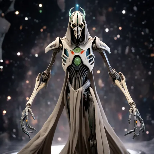 Prompt: Generate a spectacular 8K photorealistic artwork illustrating General Grievous in the midst of a cosmic transformation, featuring his full body with four menacing arms. Craft a demonic facial expression, emphasizing the intricate cybernetic features and the ominous glow of Grievous's eyes to capture the dark nature of this formidable character.

Instead of lightsabers, showcase Grievous's four arms in dynamic poses, each radiating a unique aura of power. Pay meticulous attention to the detailing of cybernetic enhancements and the overall composition of the character.

Set General Grievous against a cosmic background adorned with swirling galaxies, celestial elements, and cosmic dust. Integrate ethereal lights to enhance the cosmic atmosphere, delivering an immersive 8K masterpiece that captures the grandeur of General Grievous in this cosmic transformation without the iconic lightsabers.