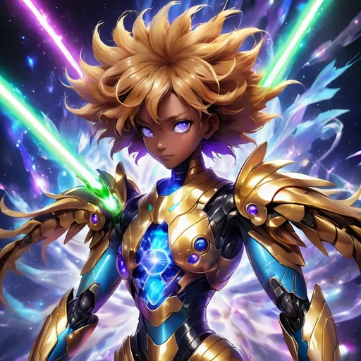 Prompt: tarantula clad in shimmering gold exoskeleton with a tan neck fluff and blue carpenterbee eyes 
With super Saiyan golden hair

Vivid purple mantis surrounded by glowing swirling iridescent violet energy as it prepares to Obliterate the world
Black guy brown skin 
Within this 8K anime-style but also a captivating Digimon companion standing by your side. The bee, with its glowing brown skin and animated afro hairstyle, exudes vitality. In your grasp, the luminous lightsaber adds an element of forceful determination, all meticulously detailed in the anime aesthetic.

Your focused expression as you tap into the force is complemented by the presence of your Digimon companion. This digital creature, intricately designed in the high-definition resolution, stands by your side, ready for the cosmic adventure. Against the futuristic dreamscape backdrop, swirling galaxies and vivid lighting create an enchanting atmosphere.

Together, you and your Digimon companion become central figures in this 8K anime masterpiece, blending dynamic character design, force manipulation, and the digital mystique of the Digimon universe, all rendered in stunning detail.