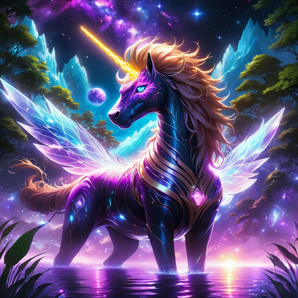 Prompt: An fantasy translucent unicorn that is glowing on a lake surrounded by willows. Starry night. Bioluminescent. Beautiful. Majestic. Graceful. Terrifying. Powerful. Highly detailed painting. 8k.

Vivid purple mantis surrounded by glowing swirling iridescent violet energy as it prepares to Obliterate the world
Black guy brown skin 
Within this 8K anime-style but also a captivating Digimon companion standing by your side. The bee, with its glowing brown skin and animated afro hairstyle, exudes vitality. In your grasp, the luminous lightsaber adds an element of forceful determination, all meticulously detailed in the anime aesthetic.

Your focused expression as you tap into the force is complemented by the presence of your Digimon companion. This digital creature, intricately designed in the high-definition resolution, stands by your side, ready for the cosmic adventure. Against the futuristic dreamscape backdrop, swirling galaxies and vivid lighting create an enchanting atmosphere.

Together, you and your Digimon companion become central figures in this 8K anime masterpiece, blending dynamic character design, force manipulation, and the digital mystique of the Digimon universe, all rendered in stunning detail.