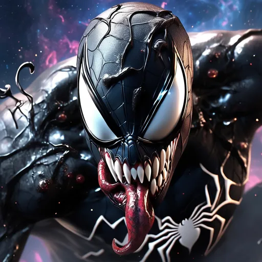 Prompt: Generate a stunning 8K photorealistic artwork featuring Spider-Man's Venom in an intense cosmic setting. Capture the essence of a demonic transformation with a facial expression exuding malevolence. Emphasize the realism of Venom's features, including venom dripping menacingly from his mouth. Set this fearsome character against a cosmic background filled with swirling galaxies and celestial elements, creating a visually striking and immersive scene.