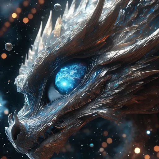 Prompt: Create a mesmerizing 8K hyperrealistic artwork depicting a mythical fusion between a dragon and a futuristic spacecraft. Explore the intricate details of the dragon's scales, majestic wings, and piercing eyes seamlessly blending with the spacecraft's sleek design and advanced technology. Immerse the scene in a cosmic backdrop, where swirling galaxies and vibrant nebulae add an otherworldly dimension. Enhance the interplay of light and shadow, infusing the composition with a sense of dynamic energy. This artwork should captivate viewers by seamlessly merging the ancient and the futuristic in a visually stunning 8K masterpiece.