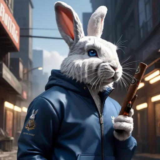 Prompt: Craft a visually captivating 8K photorealistic scene featuring a dapper man bunny exuding style in a tailored blue tracksuit. Delve into the character's persona, highlighting his distinctive white fur, piercing blue eyes, and a charismatic expression as he casually enjoys a cigar or blunt. Immerse this suave figure in a modern warfare background, where urban landscapes and gritty details add an edgy vibe to the composition.

Ensure every fold in the tracksuit, strand of fur, and puff of smoke is meticulously rendered to elevate the realism. Play with lighting to enhance the atmosphere, casting dynamic shadows that complement the character's demeanor. This artwork should seamlessly marry the charm of a man bunny with the rugged intensity of modern warfare, creating an 8K masterpiece that captivates with its intricate details and unique blend of elements.