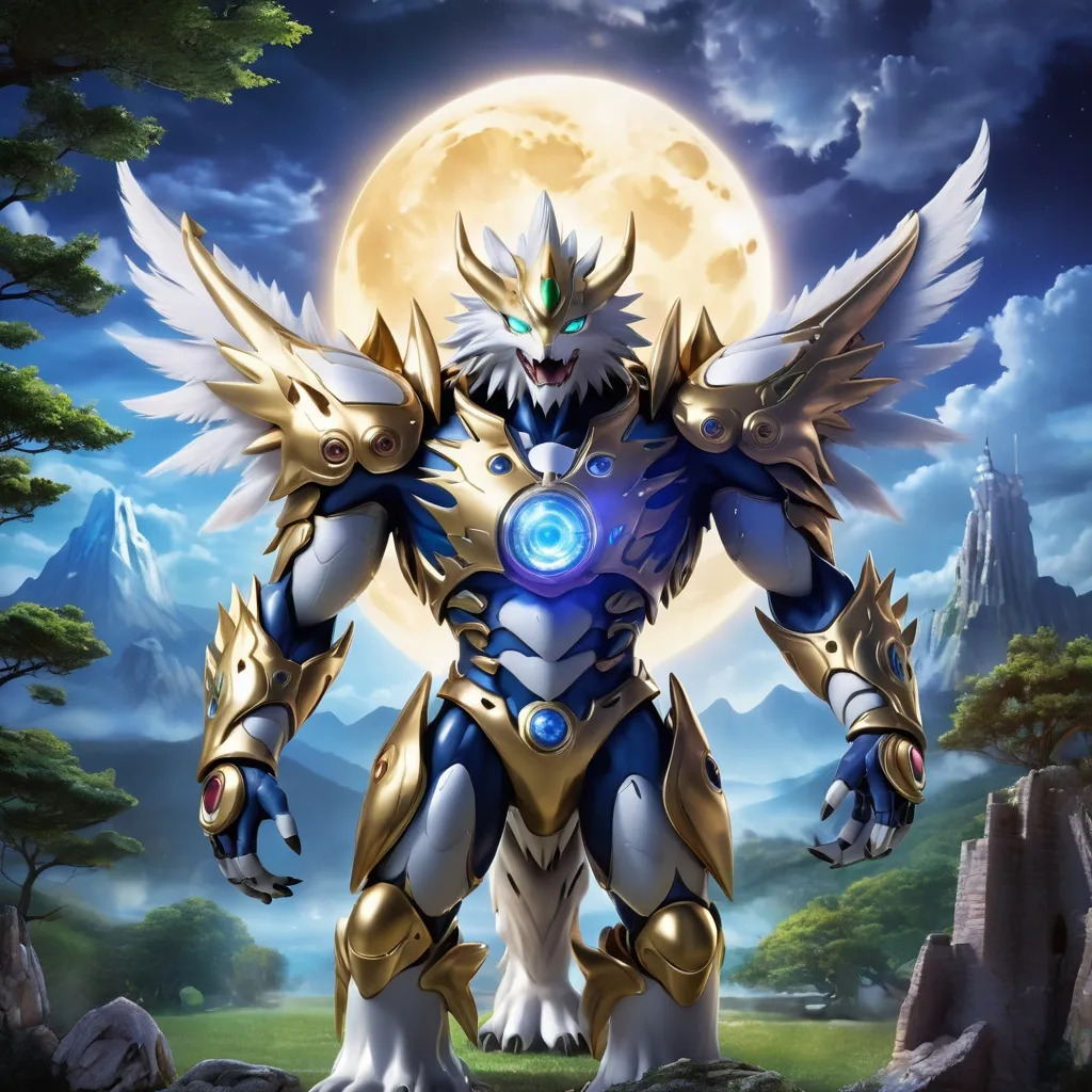 Prompt: Generate an extraordinary 8K hyperrealistic artwork portraying the final form of a majestic Digimon under the enchanting radiance of the moon. Dive into the intricacies of the Digimon's digital fur, intricate armor, and luminous eyes with hyperreal precision. Envision a moonlit night backdrop, where the moon's glow accentuates the Digimon's transformation.

Explore the unique textures and details of the Digimon's final form, capturing the essence of its digital evolution. Add an element of fantasy to the background, incorporating ethereal landscapes, glowing digital symbols, and ancient ruins touched by the moonlight. This 8K hyperrealistic masterpiece should not only showcase the final form of a Digimon but also transport viewers into a captivating digital realm where the boundaries between the virtual and the real blur in a mesmerizing display.