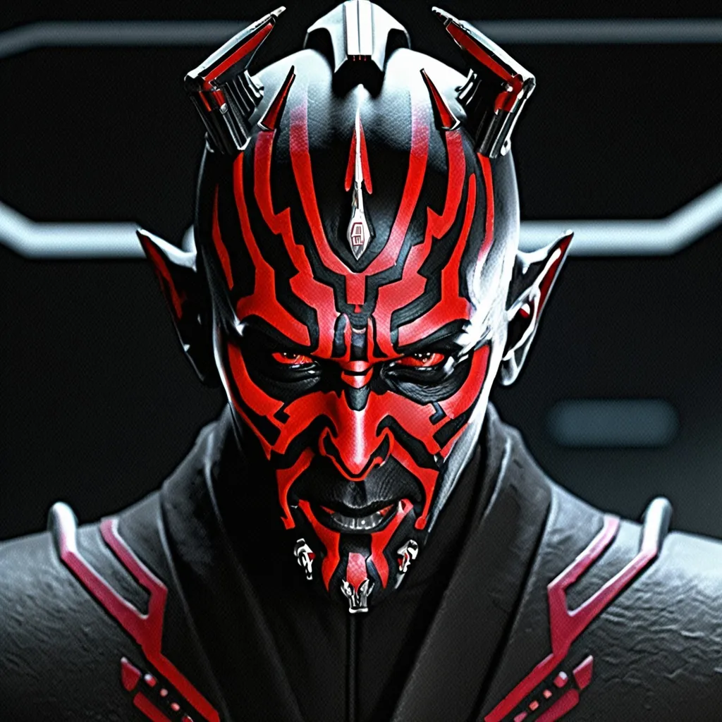 Prompt: Generate an awe-inspiring 8K photorealistic artwork featuring Darth Maul within the confines of a futuristic spaceship. Capture the intricate details of Maul's menacing presence, from his distinctive facial tattoos to the crimson glow of his dual lightsaber. Populate the spacecraft with advanced technological elements, showcasing a seamless fusion of Sith aesthetics and futuristic design.

Emphasize the interplay of light and shadow within the spaceship, enhancing the atmosphere and adding depth to the composition. Envision dynamic poses and expressions that convey Darth Maul's iconic intensity amidst the high-tech surroundings. Ensure meticulous attention to detail, creating a visually stunning scene that transports viewers into a sci-fi realm where the dark side of the Force meets cutting-edge technology.