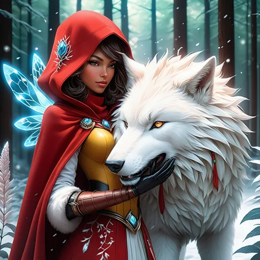 Prompt: The beautiful Red Riding Hood is in love with the anthropomorphic Big white Winter wolf man , detailed, fern leaves, Snow, by artgerm, tom bagshaw, Megan duncanson, James Jean, shaun tan, madoka magica, by kay nielsen, embossing fairy tale, whimsical, trending on artstation. Super clear resolution, elegant beautiful, lovely, best quality, beautifully lit, vray tracing

Within this 8K anime-style masterpiece, imagine not only the extraordinary humanoid carpenter bee but also a captivating Digimon companion standing by your side. The bee, with its glowing brown skin and animated afro hairstyle, exudes vitality. In your grasp, the luminous lightsaber adds an element of forceful determination, all meticulously detailed in the anime aesthetic.

Your focused expression as you tap into the force is complemented by the presence of your Digimon companion. This digital creature, intricately designed in the high-definition resolution, stands by your side, ready for the cosmic adventure. Against the futuristic dreamscape backdrop, swirling galaxies and vivid lighting create an enchanting atmosphere.

Together, you and your Digimon companion become central figures in this 8K anime masterpiece, blending dynamic character design, force manipulation, and the digital mystique of the Digimon universe, all rendered in stunning detail.