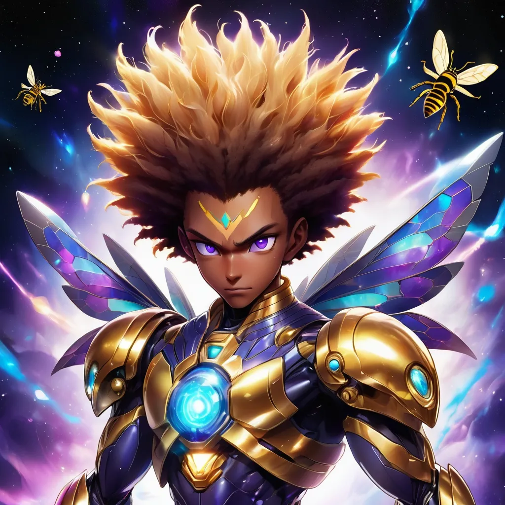 Prompt: tarantula clad in shimmering gold exoskeleton with a tan neck fluff and blue carpenterbee eyes 
With super Saiyan golden hair

Vivid purple mantis surrounded by glowing swirling iridescent violet energy as it prepares to Obliterate the world
Black guy brown skin 
Within this 8K anime-style but also a captivating Digimon companion standing by your side. The bee, with its glowing brown skin and animated afro hairstyle, exudes vitality. In your grasp, the luminous lightsaber adds an element of forceful determination, all meticulously detailed in the anime aesthetic.

Your focused expression as you tap into the force is complemented by the presence of your Digimon companion. This digital creature, intricately designed in the high-definition resolution, stands by your side, ready for the cosmic adventure. Against the futuristic dreamscape backdrop, swirling galaxies and vivid lighting create an enchanting atmosphere.

Together, you and your Digimon companion become central figures in this 8K anime masterpiece, blending dynamic character design, force manipulation, and the digital mystique of the Digimon universe, all rendered in stunning detail.