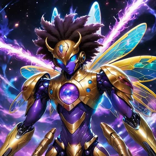 Prompt: tarantula clad in shimmering gold exoskeleton with a tan neck fluff and blue carpenterbee eyes

Vivid purple mantis surrounded by glowing swirling iridescent violet energy as it prepares to Obliterate the world
Black guy brown skin 
Within this 8K anime-style but also a captivating Digimon companion standing by your side. The bee, with its glowing brown skin and animated afro hairstyle, exudes vitality. In your grasp, the luminous lightsaber adds an element of forceful determination, all meticulously detailed in the anime aesthetic.

Your focused expression as you tap into the force is complemented by the presence of your Digimon companion. This digital creature, intricately designed in the high-definition resolution, stands by your side, ready for the cosmic adventure. Against the futuristic dreamscape backdrop, swirling galaxies and vivid lighting create an enchanting atmosphere.

Together, you and your Digimon companion become central figures in this 8K anime masterpiece, blending dynamic character design, force manipulation, and the digital mystique of the Digimon universe, all rendered in stunning detail.