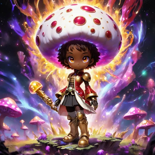 Prompt: Adventure Mushroom person with a cream mushroom head with red spots and gold trim and gems, wearing a cream shirt with a red and black vest with gold trim and gems and skirt with high boots 

Vivid purple mantis surrounded by glowing swirling iridescent violet energy as it prepares to Obliterate the world
Black guy brown skin 
Within this 8K anime-style but also a captivating Digimon companion standing by your side. The bee, with its glowing brown skin and animated afro hairstyle, exudes vitality. In your grasp, the luminous lightsaber adds an element of forceful determination, all meticulously detailed in the anime aesthetic.

Your focused expression as you tap into the force is complemented by the presence of your Digimon companion. This digital creature, intricately designed in the high-definition resolution, stands by your side, ready for the cosmic adventure. Against the futuristic dreamscape backdrop, swirling galaxies and vivid lighting create an enchanting atmosphere.

Together, you and your Digimon companion become central figures in this 8K anime masterpiece, blending dynamic character design, force manipulation, and the digital mystique of the Digimon universe, all rendered in stunning detail.