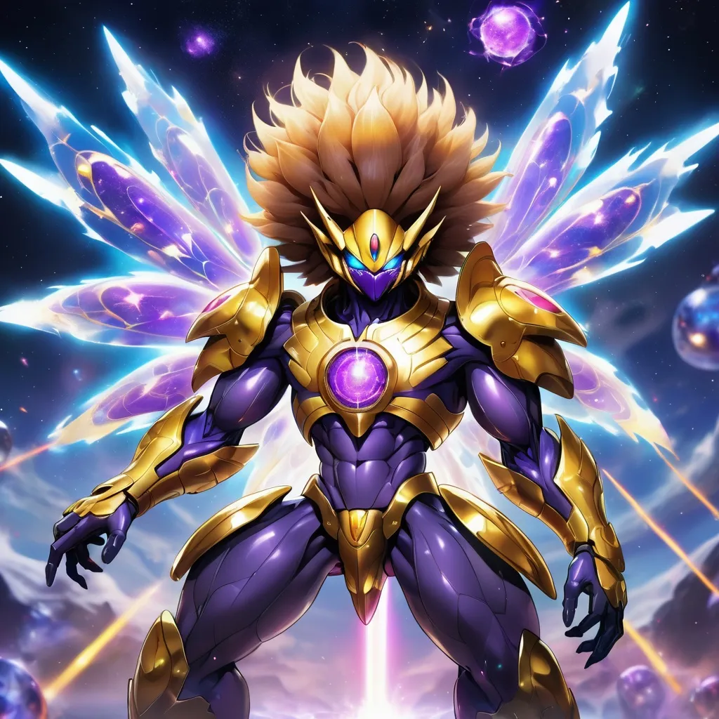 Prompt: tarantula clad in shimmering gold exoskeleton with a tan neck fluff and blue carpenterbee eyes 
With super Saiyan golden hair

Vivid purple mantis surrounded by glowing swirling iridescent violet energy as it prepares to Obliterate the world
Black guy brown skin 
Within this 8K anime-style but also a captivating Digimon companion standing by your side. The bee, with its glowing brown skin and animated afro hairstyle, exudes vitality. In your grasp, the luminous lightsaber adds an element of forceful determination, all meticulously detailed in the anime aesthetic.

Your focused expression as you tap into the force is complemented by the presence of your Digimon companion. This digital creature, intricately designed in the high-definition resolution, stands by your side, ready for the cosmic adventure. Against the futuristic dreamscape backdrop, swirling galaxies and vivid lighting create an enchanting atmosphere.

Together, you and your Digimon companion become central figures in this 8K anime masterpiece, blending dynamic character design, force manipulation, and the digital mystique of the Digimon universe, all rendered in stunning detail.