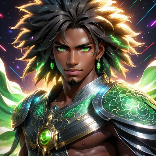 Prompt: Full body, oil painting, young 22 years old Human black guy, black-skinned-male, ((handsome detailed face and glowing anime green eyes)), dreadlocks black hair, smiling, looking at the viewer| shinning silver plate mail holding magical lightsaber and energy ball, intricate hyper detailed afro hair, intricate hyper detailed eyelashes, intricate hyper detailed shining pupils, #3238, UHD, hd , 8k eyes, detailed face, big anime dreamy eyes, 8k eyes, intricate details, insanely detailed, masterpiece, cinematic lighting, 8k, complementary colors, golden ratio, octane render, volumetric lighting, unreal 5, artwork, concept art, cover, top model, light on hair colorful glamourous hyperdetailed ((Battlefield)) background, intricate hyperdetailed breathtaking colorful glamorous scenic view landscape, ultra-fine details, hyper-focused, deep colors, dramatic lighting, ambient lighting god rays | by sakimi chan, artgerm, wlop, pixiv, tumblr, instagram, deviantart