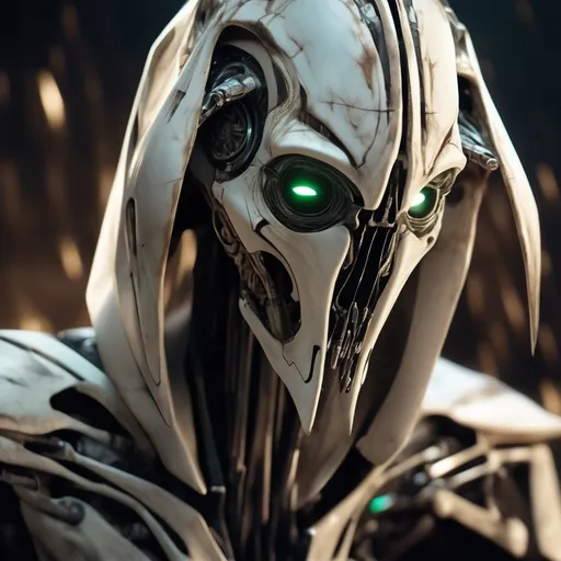 Prompt: Generate an awe-inspiring 8K photorealistic artwork depicting General Grievous undergoing a cosmic transformation. Craft a sinister and demonic facial expression that mirrors the dark nature of this formidable character. Ensure meticulous attention to detail, capturing the intricate cybernetic features and the ominous glow of Grievous's eyes.

Place General Grievous in the midst of a cosmic background, where swirling galaxies and celestial elements intensify the atmosphere. Enhance the realism by depicting cosmic dust and ethereal lights that surround Grievous during this formidable metamorphosis.

Strive to create an immersive visual narrative, fusing the iconic presence of General Grievous with the cosmic elements, delivering a breathtaking 8K masterpiece that captures the essence of this powerful and enigmatic character in a truly cosmic setting.