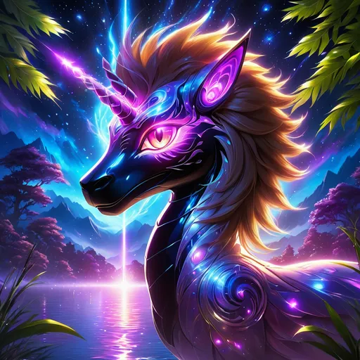 Prompt: An fantasy translucent unicorn that is glowing on a lake surrounded by willows. Starry night. Bioluminescent. Beautiful. Majestic. Graceful. Terrifying. Powerful. Highly detailed painting. 8k.

Vivid purple mantis surrounded by glowing swirling iridescent violet energy as it prepares to Obliterate the world
Black guy brown skin 
Within this 8K anime-style but also a captivating Digimon companion standing by your side. The bee, with its glowing brown skin and animated afro hairstyle, exudes vitality. In your grasp, the luminous lightsaber adds an element of forceful determination, all meticulously detailed in the anime aesthetic.

Your focused expression as you tap into the force is complemented by the presence of your Digimon companion. This digital creature, intricately designed in the high-definition resolution, stands by your side, ready for the cosmic adventure. Against the futuristic dreamscape backdrop, swirling galaxies and vivid lighting create an enchanting atmosphere.

Together, you and your Digimon companion become central figures in this 8K anime masterpiece, blending dynamic character design, force manipulation, and the digital mystique of the Digimon universe, all rendered in stunning detail.