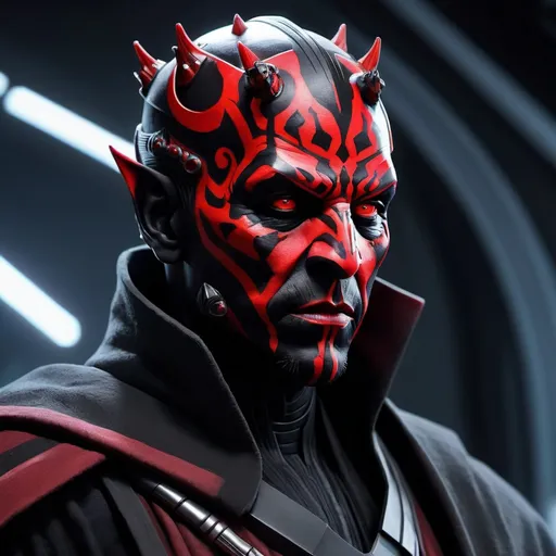 Prompt: Generate an awe-inspiring 8K photorealistic artwork featuring Darth Maul within the confines of a futuristic spaceship. Capture the intricate details of Maul's menacing presence, from his distinctive facial tattoos to the crimson glow of his dual lightsaber. Populate the spacecraft with advanced technological elements, showcasing a seamless fusion of Sith aesthetics and futuristic design.

Emphasize the interplay of light and shadow within the spaceship, enhancing the atmosphere and adding depth to the composition. Envision dynamic poses and expressions that convey Darth Maul's iconic intensity amidst the high-tech surroundings. Ensure meticulous attention to detail, creating a visually stunning scene that transports viewers into a sci-fi realm where the dark side of the Force meets cutting-edge technology.