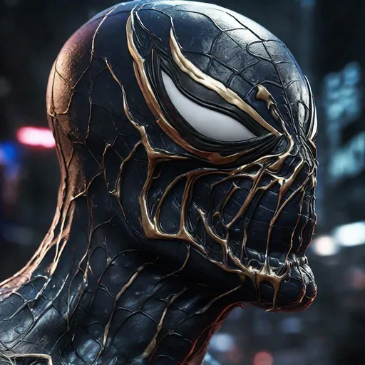 Prompt: Create an extraordinary 8K photorealistic artwork portraying Spider-Man's Venom in the midst of a cosmic metamorphosis. Craft a demonic facial expression that vividly conveys the character's malevolent nature, with venom ominously dripping from his mouth. Ensure meticulous attention to detail in rendering Venom's symbiotic features, capturing the intricate texture and intensity of the transformation.

Immerse this formidable character in a cosmic background filled with mesmerizing celestial elements. Envision swirling galaxies, cosmic dust, and ethereal lights that enhance the atmosphere of the scene. The juxtaposition of the cosmic backdrop with the intense presence of Venom should evoke a sense of both awe and fear. Strive for realism in both character design and cosmic surroundings, delivering an 8K masterpiece that brings this symbiotic force to life in an unforgettable visual narrative. With tongue wrapping around screen
