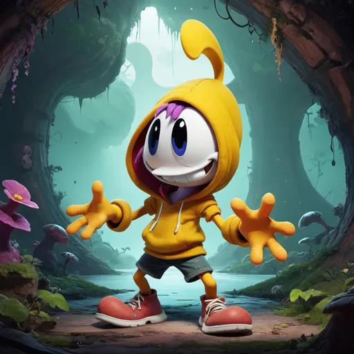 Prompt: Craft an immersive 8K high-definition digital artwork featuring a Rayman-inspired creature wearing a hoodie with the hood pulled up. The creature's face is concealed by a voluminous afro, extending to its nose, creating an intriguing air of mystery. Emphasize the floating nature of its hands and shoes, detached from the body, to evoke a surreal and whimsical atmosphere. Utilize vibrant colors and dynamic details to capture the essence of both the Rayman game aesthetics and the creature's urban and playful vibe. The artwork should invite viewers into a visually stunning 8K realm where fashion and fantasy seamlessly collide.