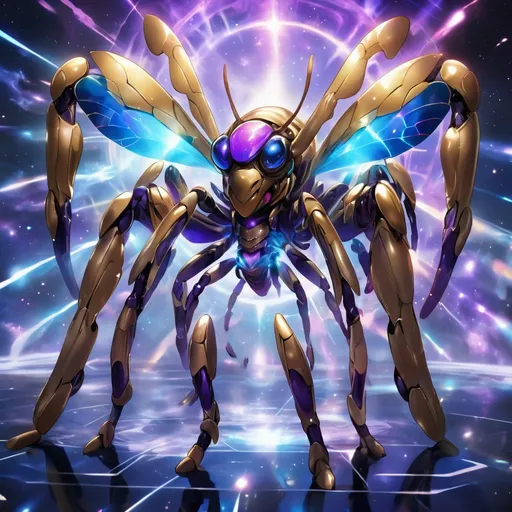 Prompt: tarantula clad in shimmering gold exoskeleton with a tan neck fluff and blue carpenterbee eyes

Vivid purple mantis surrounded by glowing swirling iridescent violet energy as it prepares to Obliterate the world
Black guy brown skin 
Within this 8K anime-style but also a captivating Digimon companion standing by your side. The bee, with its glowing brown skin and animated afro hairstyle, exudes vitality. In your grasp, the luminous lightsaber adds an element of forceful determination, all meticulously detailed in the anime aesthetic.

Your focused expression as you tap into the force is complemented by the presence of your Digimon companion. This digital creature, intricately designed in the high-definition resolution, stands by your side, ready for the cosmic adventure. Against the futuristic dreamscape backdrop, swirling galaxies and vivid lighting create an enchanting atmosphere.

Together, you and your Digimon companion become central figures in this 8K anime masterpiece, blending dynamic character design, force manipulation, and the digital mystique of the Digimon universe, all rendered in stunning detail.