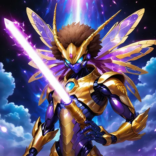 Prompt: tarantula clad in shimmering gold exoskeleton with a tan neck fluff and blue carpenterbee eyes 
With super Saiyan golden hair

Vivid purple mantis surrounded by glowing swirling iridescent violet energy as it prepares to Obliterate the world
Black guy brown skin 
Within this 8K anime-style but also a captivating Digimon companion standing by your side. The bee, with its glowing brown skin and animated afro hairstyle, exudes vitality. In your grasp, the luminous lightsaber adds an element of forceful determination, all meticulously detailed in the anime aesthetic.

Your focused expression as you tap into the force is complemented by the presence of your Digimon companion. This digital creature, intricately designed in the high-definition resolution, stands by your side, ready for the cosmic adventure. Against the futuristic dreamscape backdrop, swirling galaxies and vivid lighting create an enchanting atmosphere.

Together, you and your Digimon companion become central figures in this 8K anime masterpiece, blending dynamic character design, force manipulation, and the digital mystique of the Digimon universe, all rendered in stunning detail.
