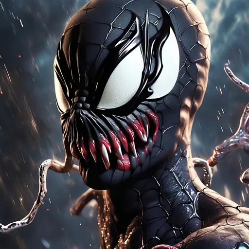 Prompt: Create an extraordinary 8K photorealistic artwork portraying Spider-Man's Venom in the midst of a cosmic metamorphosis. Craft a demonic facial expression that vividly conveys the character's malevolent nature, with venom ominously dripping from his mouth. Ensure meticulous attention to detail in rendering Venom's symbiotic features, capturing the intricate texture and intensity of the transformation.

Immerse this formidable character in a cosmic background filled with mesmerizing celestial elements. Envision swirling galaxies, cosmic dust, and ethereal lights that enhance the atmosphere of the scene. The juxtaposition of the cosmic backdrop with the intense presence of Venom should evoke a sense of both awe and fear. Strive for realism in both character design and cosmic surroundings, delivering an 8K masterpiece that brings this symbiotic force to life in an unforgettable visual narrative. With tongue wrapping around screen