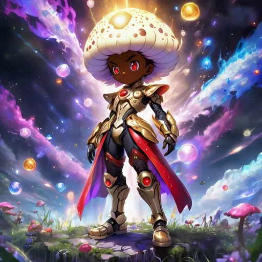 Prompt: Adventure Mushroom person with a cream mushroom head with red spots and gold trim and gems, wearing a cream shirt with a red and black vest with gold trim and gems and skirt with high boots 

Vivid purple mantis surrounded by glowing swirling iridescent violet energy as it prepares to Obliterate the world
Black guy brown skin 
Within this 8K anime-style but also a captivating Digimon companion standing by your side. The bee, with its glowing brown skin and animated afro hairstyle, exudes vitality. In your grasp, the luminous lightsaber adds an element of forceful determination, all meticulously detailed in the anime aesthetic.

Your focused expression as you tap into the force is complemented by the presence of your Digimon companion. This digital creature, intricately designed in the high-definition resolution, stands by your side, ready for the cosmic adventure. Against the futuristic dreamscape backdrop, swirling galaxies and vivid lighting create an enchanting atmosphere.

Together, you and your Digimon companion become central figures in this 8K anime masterpiece, blending dynamic character design, force manipulation, and the digital mystique of the Digimon universe, all rendered in stunning detail.